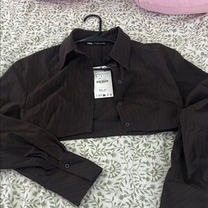 Brown Pinstripe Cropped Button Down Shirt